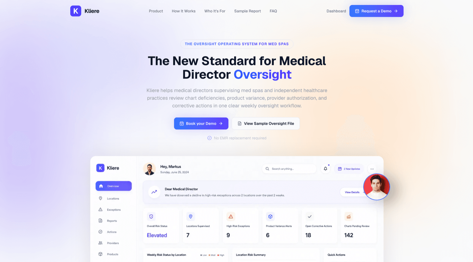 Screenshot of Kliere: Medical director oversight platform for med spas. Built with Next.js, React 19, TypeScript, Supabase, TanStack Query.