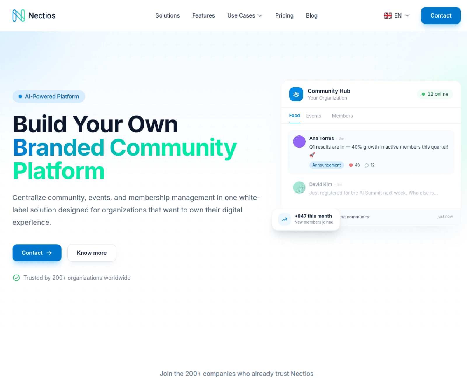 Screenshot of Nectios: All-in-one community platform, no code. Built with Vue.js, Node.js.
